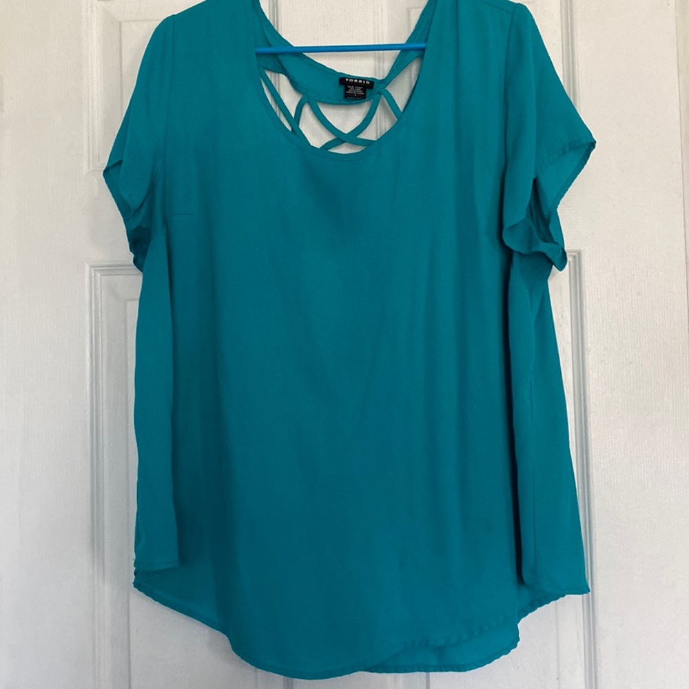 Teal criss cross back blouse